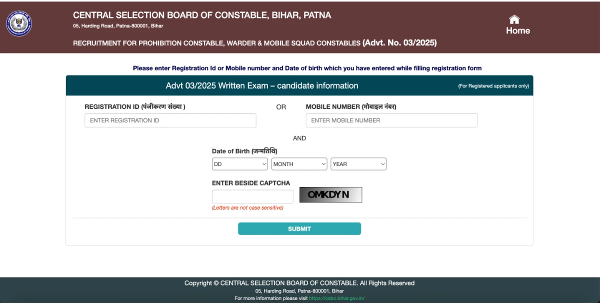 CSBC Bihar Police Constable Admit Card 2026